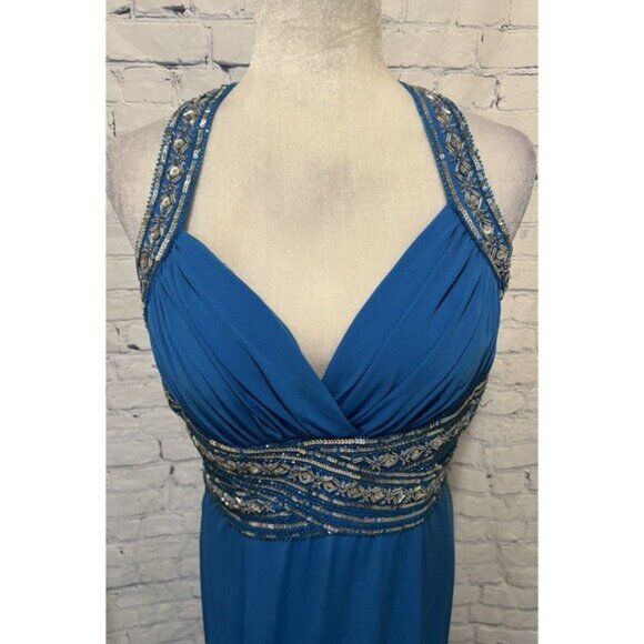 Vintage Niki Livas Women Formal Gown Size 12 Maxi Open Blue Evening Dress - Picture 3 of 13